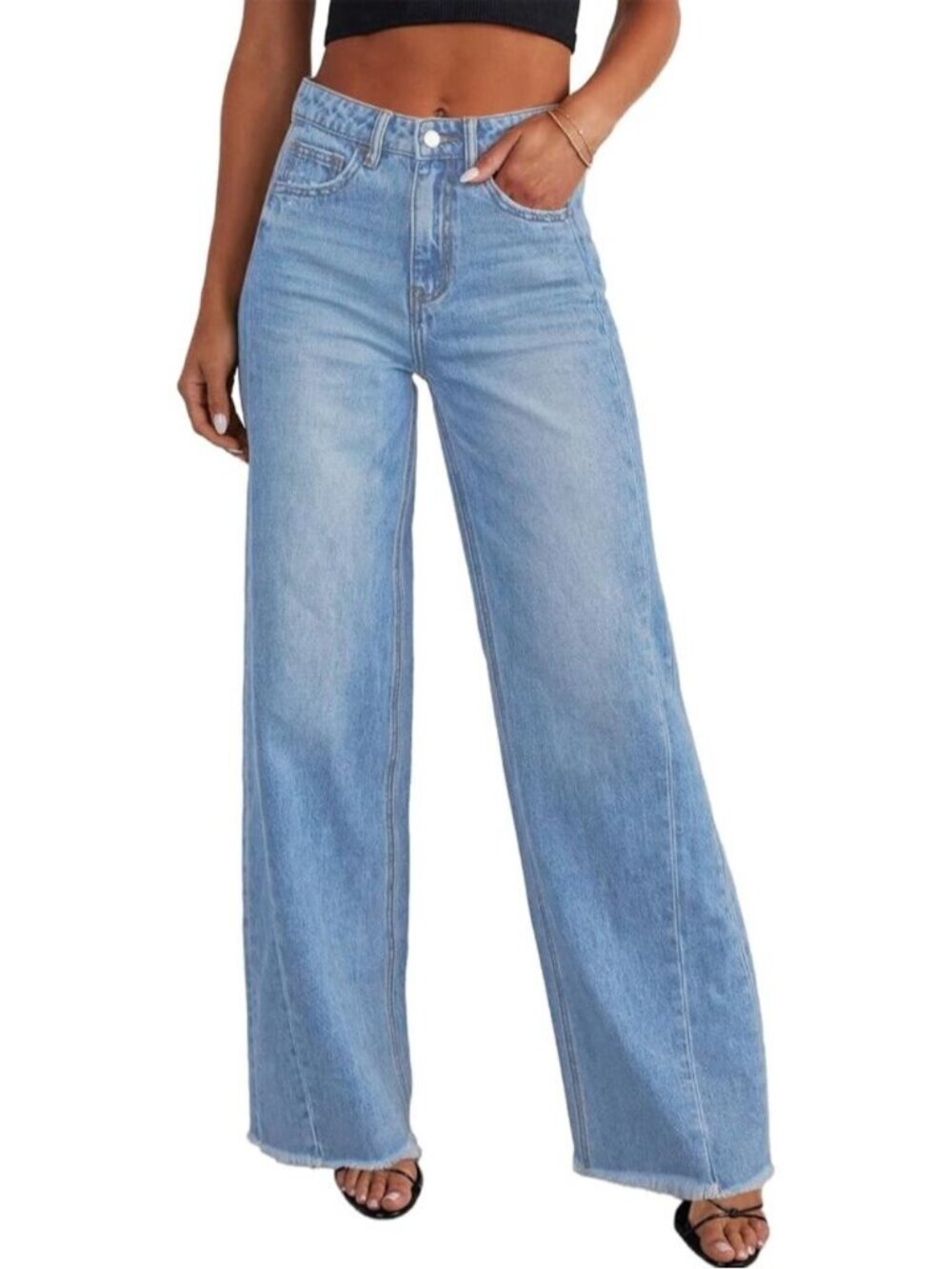 Women's Sky Blue Leg Jeans High Waisted Stretchy Length Side Seam Denim Pants